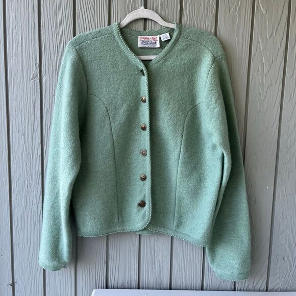 VTG Tally-Ho Wool Cardigan Sweater M Sage Green Knit Geiger Style Metal Buttons - Picture 1 of 8